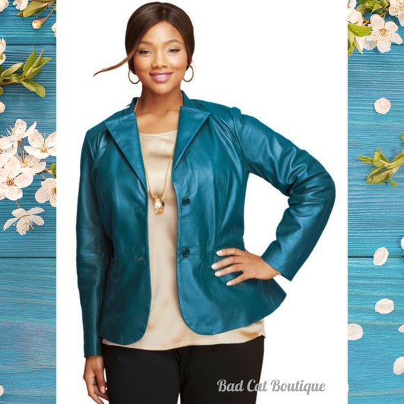 Jessica London Jackets & Blazers - Jessica London | Sea Blue Peplum Hem Career Wear Leather Jacket